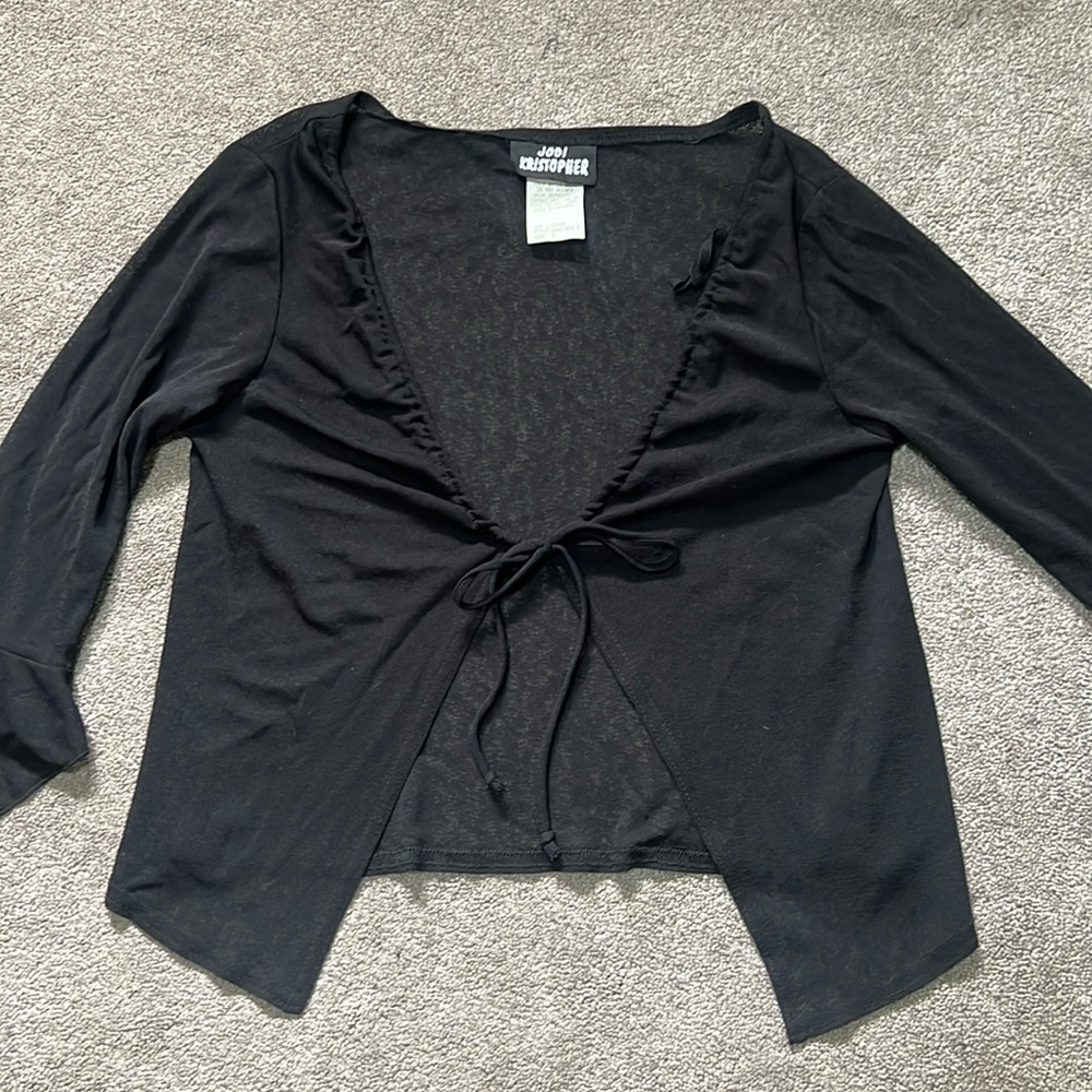 Vintage Jodi Kristopher Sheer Cardigan Front Tie 3/4 Bell Sleeve Black small